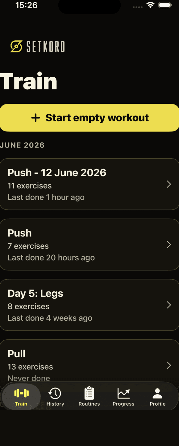 The Train tab in Setkord showing saved routines