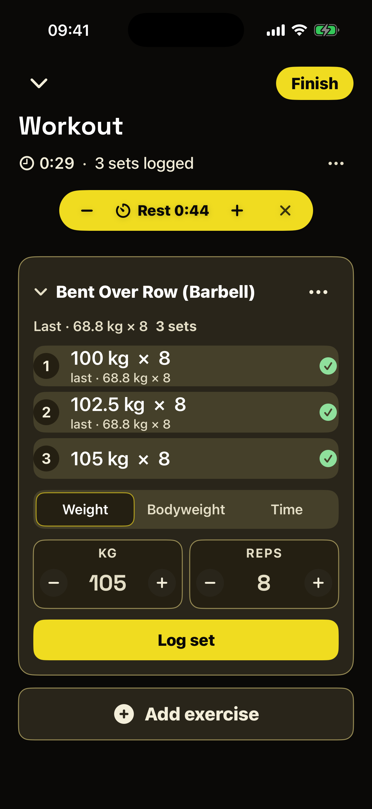 logging a set in the workout screen